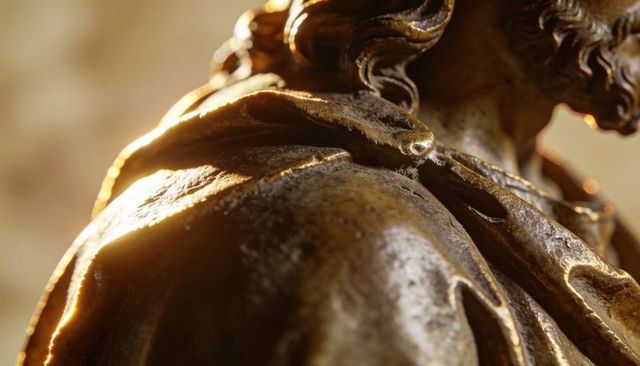 Bronze sculpture revealing draped cloak folds and warm patina under rim light