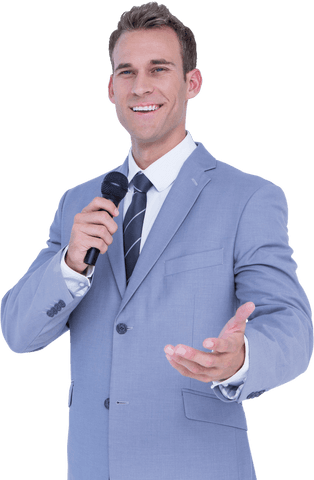 Confident businessman speaking with microphone transparent background