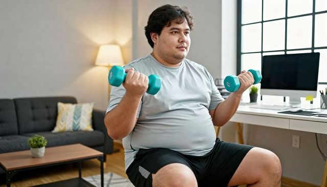 Plus-size man doing dumbbell bicep curls in home office workout with desk and monitor