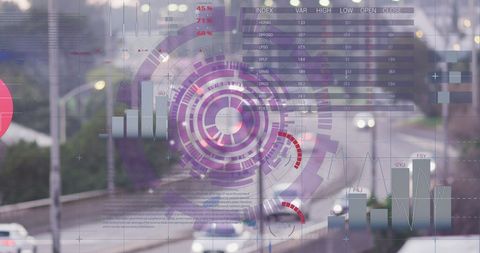 Futuristic Data Analysis Interface Overlaying Cityscape in Motion