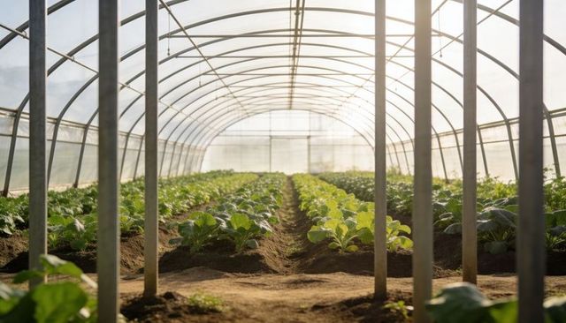 Growing leafy greens in sunlit polytunnel greenhouse with arched metal frame and neat rows