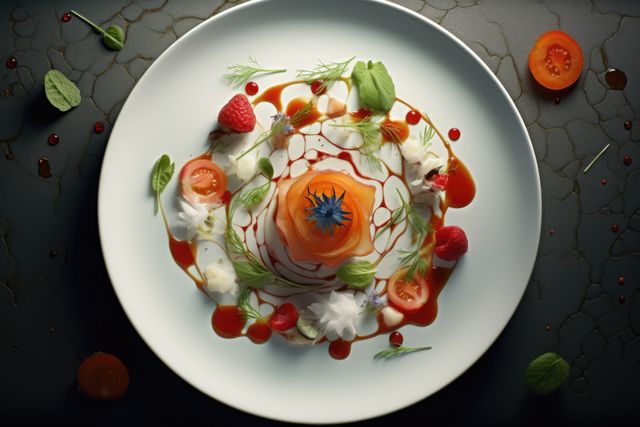 Image features a beautifully arranged gourmet dish with fresh vegetables and edible flowers on an elegant white plate. Ideal for food blogs, cooking magazines, culinary websites, restaurant promotions, and gourmet recipe pages. It showcases luxury dining, exquisite food presentation, and food artistry.