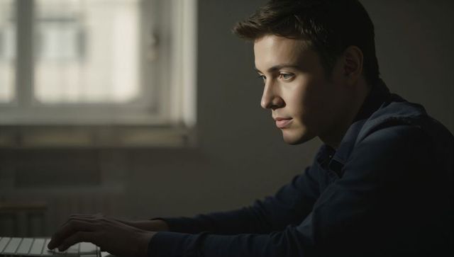 Young man typing at desk by window in low light conveying focus and quiet concentration