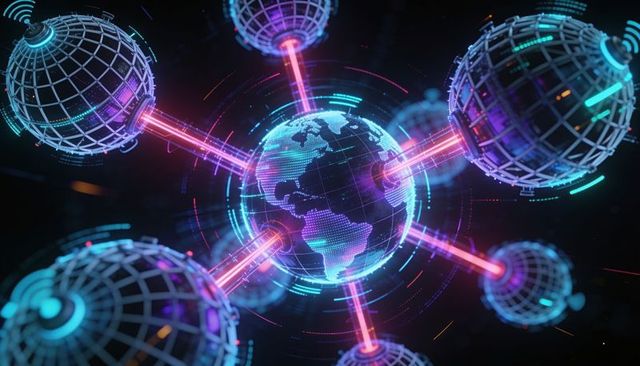 Global data nexus connecting digital earth to neon wireframe nodes and cyber conduits