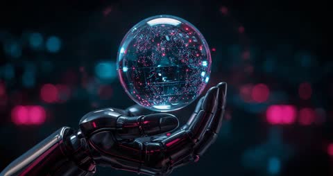 Robotic Hand Showcasing Futuristic Holographic Data Sphere