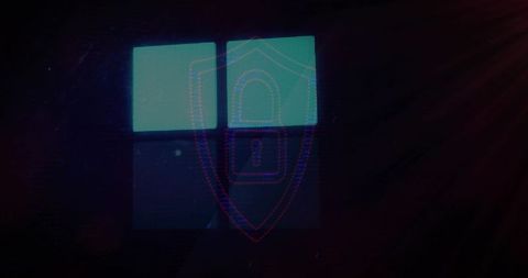 Neon shield and padlock over four-panel screen conveying cybersecurity, encryption, privacy