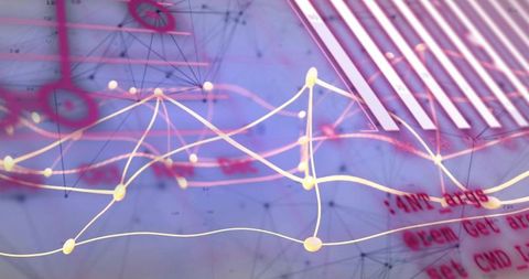 Visualizing digital network with glowing nodes, flowing waveform and red code fragments