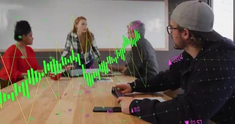 Team Meeting with Financial Data Visualizations in Corporate Setting