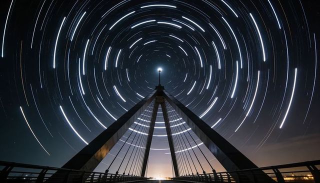 Cable-stayed bridge pylon framing star trails, guiding radial light vortex toward lamp