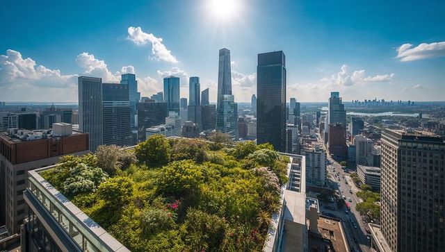 Urban Rooftop Garden Amid Modern Skyscrapers Creating Green Oasis