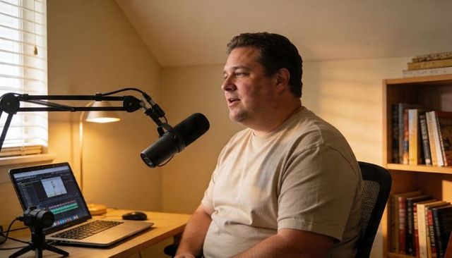 Home podcast recording in cozy attic nook with professional boom microphone and laptop