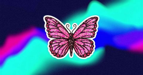 Pink Glitter Butterfly on Neon Background with Wavy Gradients