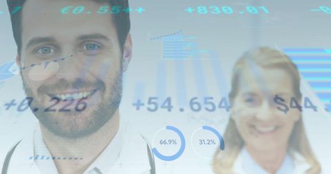 Doctors Analyzing Statistical Data with Digital Interface