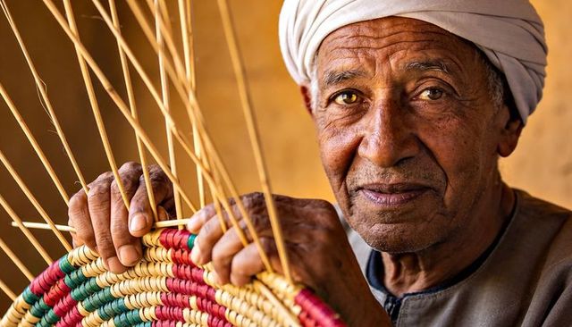 Middle eastern elder weaving colorful reed basket with skilled hands and turban
