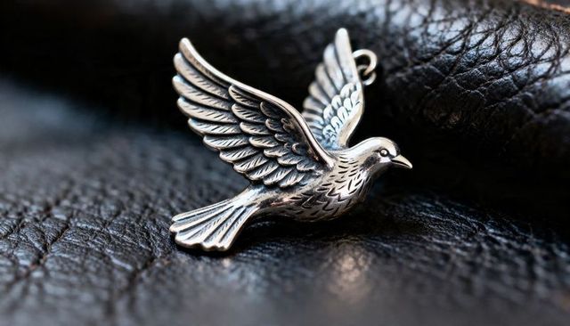 Silver bird pendant resting on dark leather showcasing engraved feathers and small bail