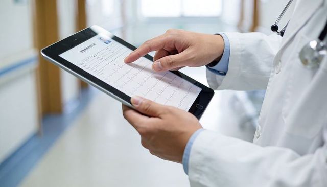 Asian doctor reviewing ecg on tablet in hospital corridor for cardiac monitoring
