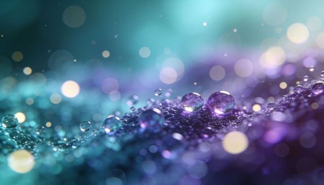 Glittering water droplets forming ridge on iridescent purple-blue surface with dreamy bokeh