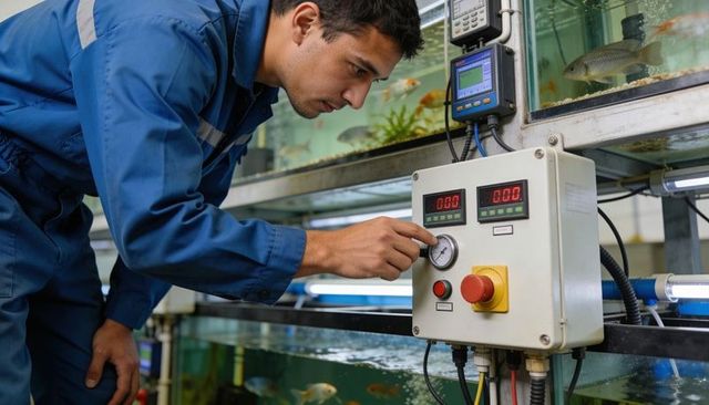 Aquarium technician adjusting pressure gauge on laboratory control panel monitoring fish tanks
