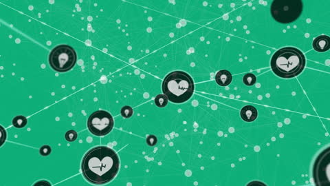 Digital Network with Heartbeat Icons Overlay on Green Background