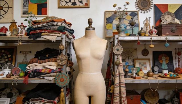 Vintage dress form mannequin displaying boho textiles and folded blankets in eclectic shop