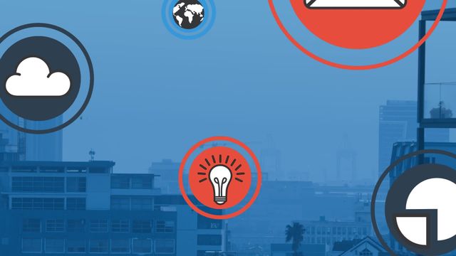 A digital animation overlays floating technology icons onto a cityscape, illustrating technological connectivity. Suitable for presentations on urban innovation, tech integrations, or network infrastructure. Useful in software promotional materials or digital transformation concepts.