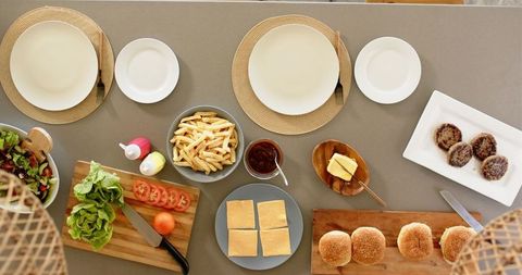 Homemade burger ingredients on modern kitchen counter
