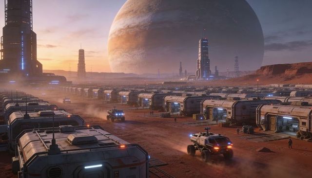Red planet settlement at sunset featuring rover convoy, modular habitats, engineers