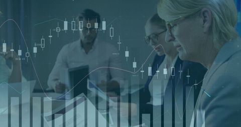 Team Collaborating on Financial Strategy with Digital Data Overlay