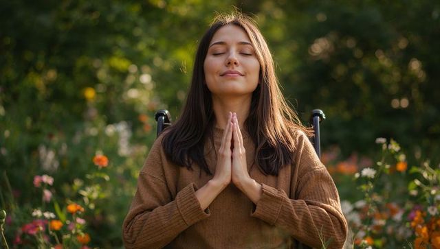 Woman in wheelchair meditating in sunlit flower garden practicing mindfulness and serenity