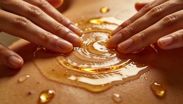 Spreading golden honey oil over bare torso closeup hands smoothing glossy skin
