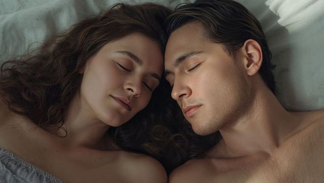 Young couple resting peacefully in bed closeup intimate morning warm soft light
