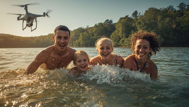 Family Bonding in Serene Lake During Golden Hour Drone Adventure