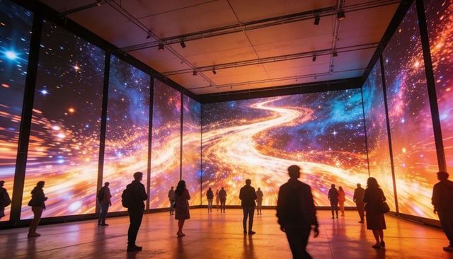 Visitors Exploring Immersive Galaxy Projection in LED Panes, Curved Cosmic Path Experience