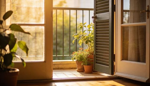 Sunlit balcony doorway with green shutter and clay potted plants basking in warm morning light