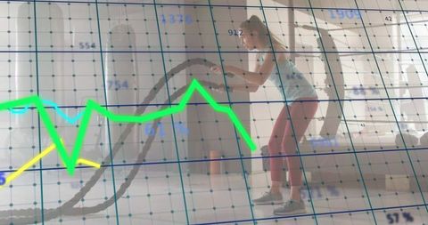 Woman Training with Battle Ropes Overlaid with Fitness Analytics and Neon Graphs