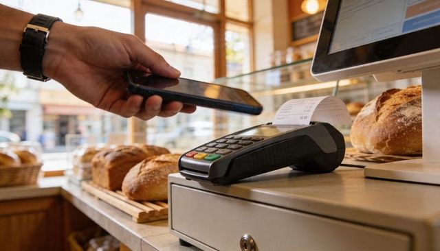 Contactless mobile payment at bakery counter with fresh loaves and printed receipt