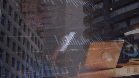 Businessman Analyzing Data on Tablet with Futuristic Overlay