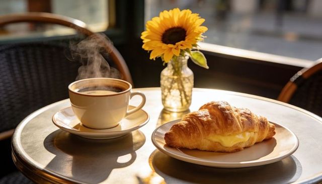 Sunlit coffee cup and creamy croissant sitting on bistro table with sunflower