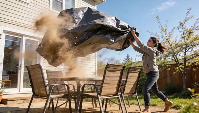 Young woman pulling tarp off dusty patio table while debris erupts during cleanup
