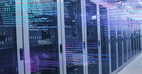 Server Room with Digital Code and Luminous Lights