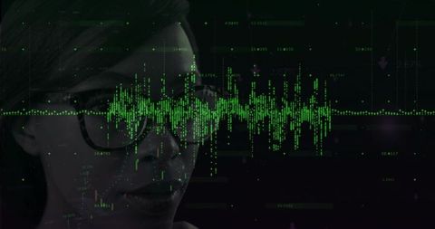 Businesswoman analyzing data with digital waveform overlay