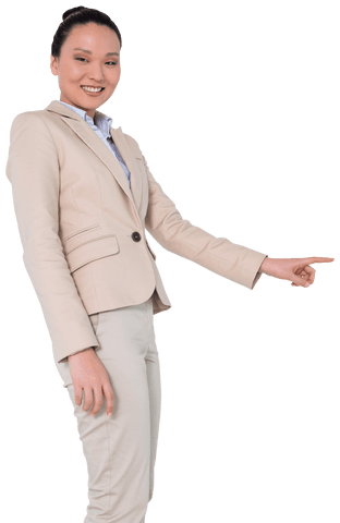 Transparent Smiling Businesswoman Pointing Finger
