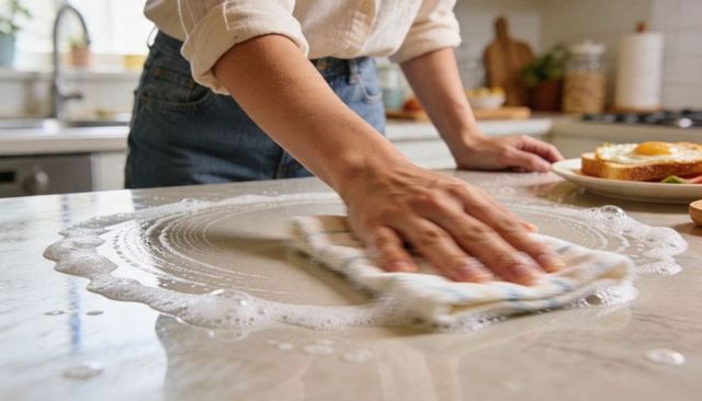 Woman wiping kitchen countertop with soapy cloth during sunny morning breakfast cleanup