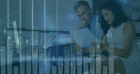 Financial team reviewing reports with data charts overlay in office lounge city skyline