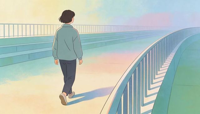 Solitary figure walking along pastel elevated walkway with curved metal railing at horizon