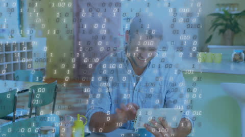 Businessman Analyzing Data on Digital Tablet with Binary Code Overlay
