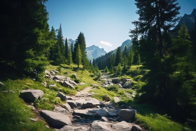 Winding mountain trail through lush pine forest, perfect for nature walks and hiking adventures. Captures serene and scenic beauty, ideal for travel websites, nature blogs, and outdoor activity promotions.