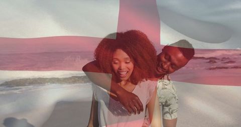 Romantic Couple Embracing on Beach with Artistic Overlay