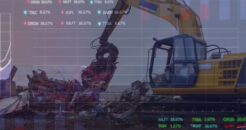 Stock market data overlay with hydraulic excavator in junkyard