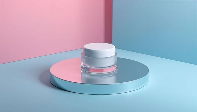 Luxury glass cosmetic jar on pastel mirror pedestal